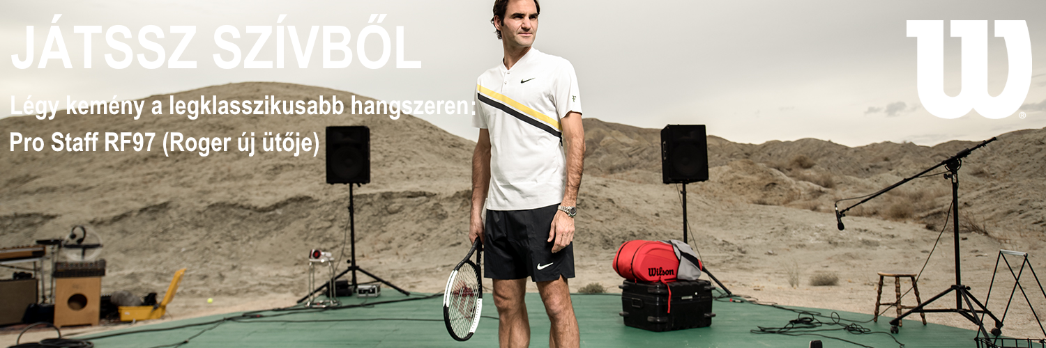 Roger Federer és fehér csíkos Wilson Pro Staff RF97 teniszütője