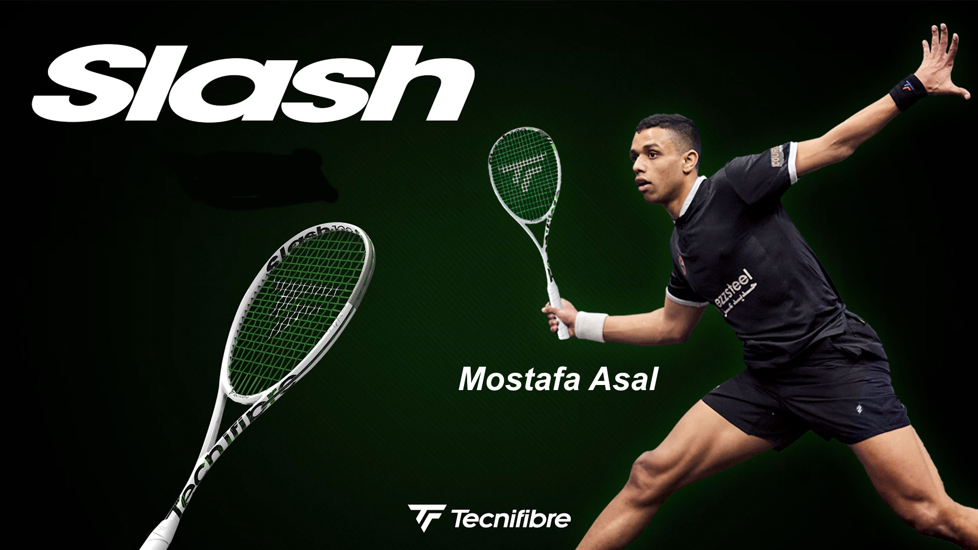 Mostafa Asal az új Tecnifibre Slash squash ütővel játszik.